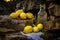 Rustic still life composition featuring vibrant lemons on top of organic natural stones and rocks