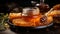 Rustic still life: jar honey, honey dipper and honeycomb. Drops of viscous amber honey. Composition on background of woode