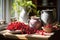 Rustic still life with red currants on a sunlit wooden table, vintage pottery in background, creating a cozy, warm