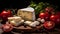 Rustic still life with tomatoes, cheese, and fresh herbs on vintage wooden table