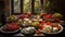 Rustic still life with tomatoes, cheese, and fresh herbs on vintage wooden table