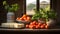 Rustic still life with tomatoes, cheese, and fresh herbs on vintage wooden table