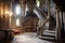 rustic stone spiral staircase in a medieval castle