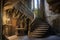 rustic stone spiral staircase in a medieval castle