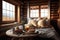 Rustic stylish interior of log cabin bedroom, generative AI
