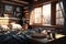 Rustic stylish interior of log cabin bedroom, generative AI