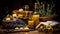 Rustic sunflower composition with sunflower oil, seeds, and burlap napkins in still life photography