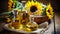 Rustic sunflower composition with sunflower oil, seeds, and burlap napkins in still life setting