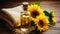 Rustic sunflower still life composition with sunflower oil, seeds, and burlap napkins