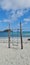 Rustic swing, sandy beach, and blue sky