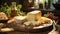 A rustic table with gourmet cheeses, fresh bread, and wine generated by AI