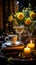 Rustic table setting with candles, vase of flower for a warm and inviting feel