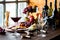 A rustic table top arrangement of various wine with a charcuterie board.