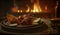 Rustic Tandoori Chicken served in clay dish on wooden table with grill flames in background