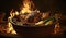 Rustic Tandoori Chicken served in clay dish on wooden table with grill flames in background