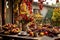 a rustic terrace filled with pots with autumn flowers and a vine full of red leaves and bunches of grapes.