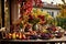 a rustic terrace filled with pots with autumn flowers and a vine full of red leaves and bunches of grapes.