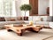 Rustic Tree Stump Coffee Tables Near Beige Sofa.