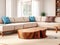 Rustic Tree Stump Coffee Tables Near Beige Sofa.