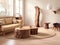 Rustic Tree Stump Coffee Tables Near Beige Sofa.