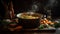 Rustic vegetable stew cooked on wood table with homemade bread generated by AI