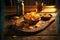 Rustic view of full bowl of potato chips on wooden table