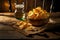 Rustic view of full bowl of potato chips on wooden table