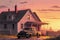 Rustic view with vintage pickup truck and old house under colorful sky