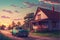 Rustic view with vintage pickup truck and old house under colorful sky