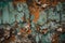 Rustic wallpaper featuring a close-up of peeling paint on a rusty metal surface with shades of green and brown