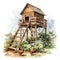 Rustic Watercolor Chicken Coop with Handmade Wooden Ladder AI Generated