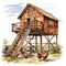 Rustic Watercolor Chicken Coop with Handmade Wooden Ladder AI Generated