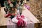 Rustic wedding decoration for festive table with beautiful flower composition. Autumn wedding. Artwork