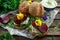 Rustic wholegrain buns with cottage cheese, rocket leaves, beetroot slices and edible viola flowers. Vegetarian food