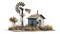 Rustic windmill next to a small shack with dry grass and a solitary tree