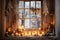 Rustic window decorated with Christmas ornaments and candles and cold winter scene outside