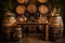 rustic wine bar setup with barrels and glasses