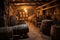 rustic wine barrels in a dimly lit underground cellar