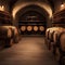 A rustic wine cellar with barrels, corkscrews, and wine bottles1