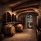 A rustic wine cellar with barrels, corkscrews, and wine bottles2