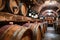 Rustic wine cellar with oak barrels, shelves, and bottles creating a cozy atmosphere