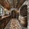 Rustic wine cellar with stone walls and wooden wine racks