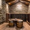 A rustic wine cellar with stone walls, wooden wine racks, and a tasting area with a barrel table and wine barrels as decor1, Gen