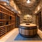 A rustic wine cellar with stone walls, wooden wine racks, and a tasting area with a barrel table and wine barrels as decor2, Gen