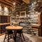 A rustic wine cellar with stone walls, wooden wine racks, and a tasting area with a barrel table and wine barrels as decor4, Gen