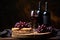 Rustic wine cellar, wine bottles mock up, without label, glass, food and fruits, cozy atmosphere