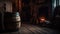 Rustic winery cellar, old whiskey barrel burning generated by AI