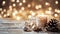 Rustic Winter Delight - White Christmas Candle with Natural Decor on Wooden Boards, Advent Sunday Scene with Magical Bokeh Lights