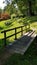 Rustic wood footbridge in garden setting.