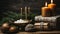 Rustic wood table, candlelight glowing, winter celebration decoration generated by AI